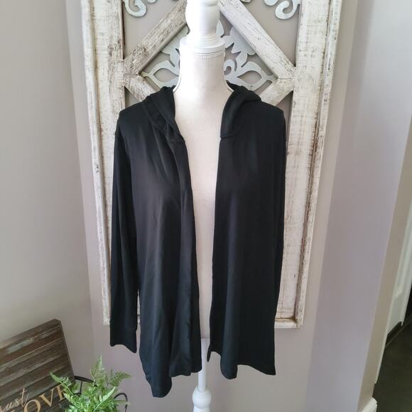 Xersion Women's Long Sleeve Hooded Ruched Tie Open Cardigan Cover Up in Black - Picture 2 of 6